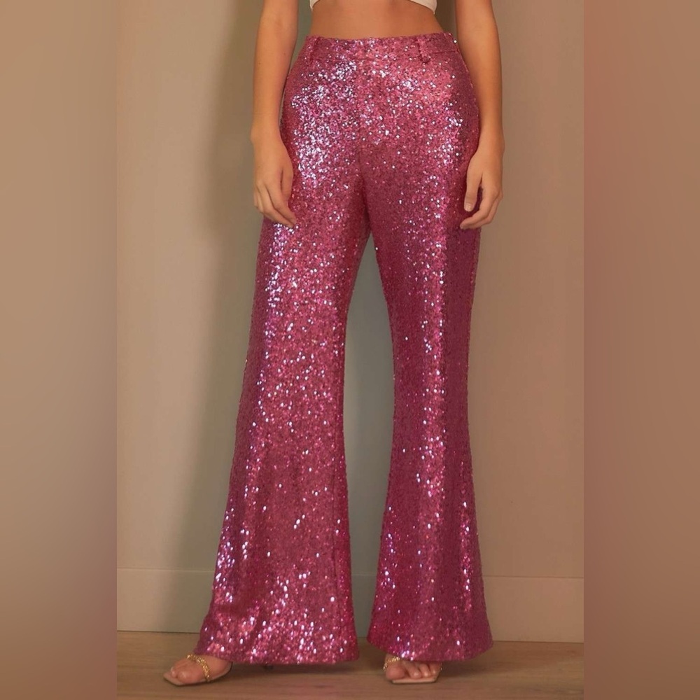 High Rise Wide Leg Sequin Trouser Pants - Main Strip